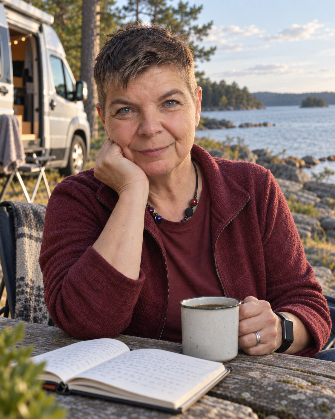 Petra Molin lächelt am See, die Tasse in der Hand, das Wohnmobil hinter ihr